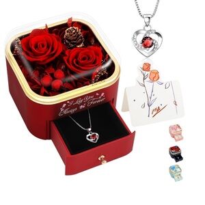 Heart Pendant Necklace with Red Rose Gift Box
